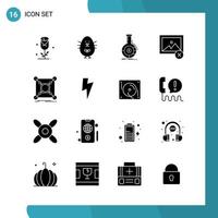 Vector Pack of 16 Glyph Symbols Solid Style Icon Set on White Background for Web and Mobile