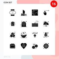 Mobile Interface Solid Glyph Set of 16 Pictograms of card right rescue gesture maze Editable Vector Design Elements