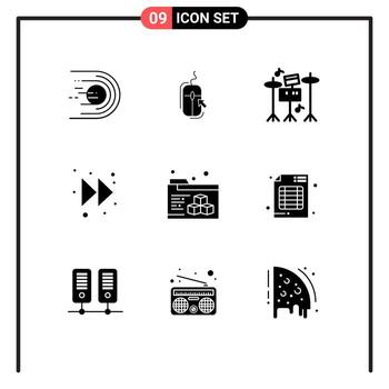 grupo de 9 glifos sólidos modernos establecidos para elementos de diseño vectorial editables de música hacia adelante en línea derecha de carpeta vector