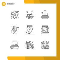 User Interface Pack of 9 Basic Outlines of ink sound recorder transport microphone stamp Editable Vector Design Elements