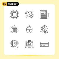 Pictogram Set of 9 Simple Outlines of secure recycle document public dustbin Editable Vector Design Elements