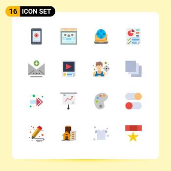 Mobile Interface Flat Color Set of 16 Pictograms of report document internet data network Editable Pack of Creative Vector Design Elements