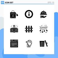 Mobile Interface Solid Glyph Set of 9 Pictograms of hanging fence love construction education Editable Vector Design Elements