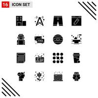 Pack of 16 Modern Solid Glyphs Signs and Symbols for Web Print Media such as graphic edit accessories design shorts Editable Vector Design Elements