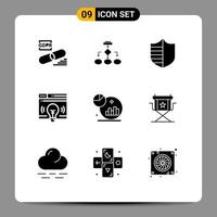 Group of 9 Modern Solid Glyphs Set for web shield data architecture security protection Editable Vector Design Elements