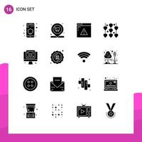 Pack of 16 creative Solid Glyphs of screen computer security wedding love Editable Vector Design Elements