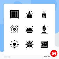 Modern Set of 9 Solid Glyphs Pictograph of tray cover china timer target Editable Vector Design Elements