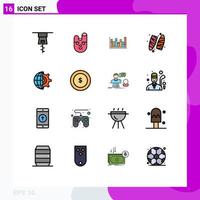 Modern Set of 16 Flat Color Filled Lines Pictograph of business globe up gear surfboard Editable Creative Vector Design Elements