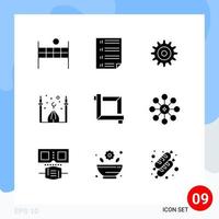 9 User Interface Solid Glyph Pack of modern Signs and Symbols of design eid gear moon masjid Editable Vector Design Elements