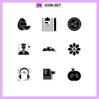 Group of 9 Solid Glyphs Signs and Symbols for scene nature share landscape office Editable Vector Design Elements