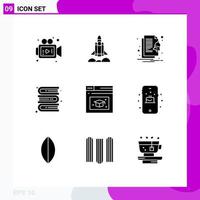 Pack of 9 Modern Solid Glyphs Signs and Symbols for Web Print Media such as birthday education file web page bookshelf Editable Vector Design Elements