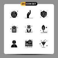 Mobile Interface Solid Glyph Set of 9 Pictograms of flora list security education check Editable Vector Design Elements