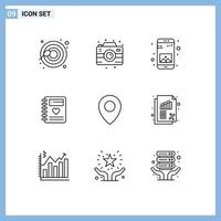 Universal Icon Symbols Group of 9 Modern Outlines of pin location application wedding love Editable Vector Design Elements