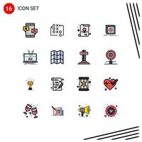 Pack of 16 Modern Flat Color Filled Lines Signs and Symbols for Web Print Media such as server message tactic application school Editable Creative Vector Design Elements