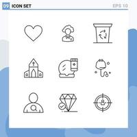 Pack of 9 creative Outlines of cross house manager church been Editable Vector Design Elements