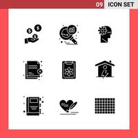 9 Icon Pack Solid Style Glyph Symbols on White Background Simple Signs for general designing vector