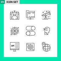 paquete de 9 iconos de estilo de línea establece símbolos de esquema para imprimir signos creativos aislados en fondo blanco 9 conjunto de iconos vector