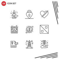 Group of 9 Modern Outlines Set for money browser access seo gallery Editable Vector Design Elements