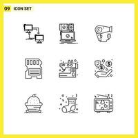 Modern Set of 9 Outlines and symbols such as sd hardware responsive card hairdryer Editable Vector Design Elements