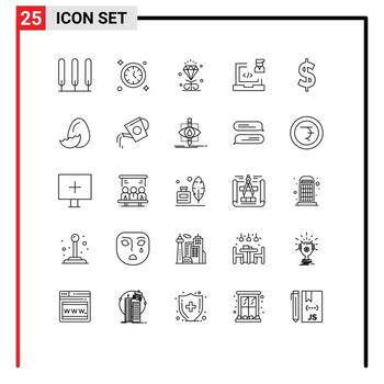 conjunto de pictogramas de 25 líneas simples de desarrollo de programador de corazón de moneda de dinero elementos de diseño de vector editables