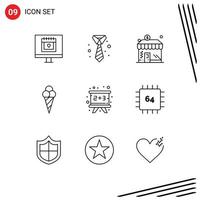 Set of 9 Vector Outlines on Grid for education blackboard business cone beach Editable Vector Design Elements