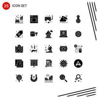 25 Thematic Vector Solid Glyphs and Editable Symbols of mass weapon sun goggles cloud snorkel Editable Vector Design Elements