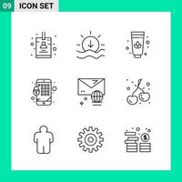 paquete de 9 iconos de estilo de línea establece símbolos de esquema para imprimir signos creativos aislados en fondo blanco 9 conjunto de iconos vector