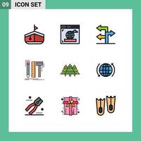 9 Thematic Vector Filledline Flat Colors and Editable Symbols of tree camping navigation forest tools Editable Vector Design Elements