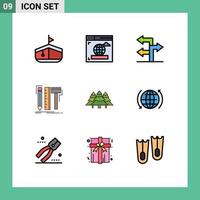 9 Thematic Vector Filledline Flat Colors and Editable Symbols of tree camping navigation forest tools Editable Vector Design Elements