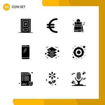 Solid Glyph Pack of 9 Universal Symbols of layers iphone handbag android smart phone Editable Vector Design Elements