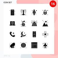 Editable Vector Line Pack of 16 Simple Solid Glyphs of technical world heart laptop globe lock Editable Vector Design Elements