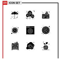 Pictogram Set of 9 Simple Solid Glyphs of target find card watch timer Editable Vector Design Elements