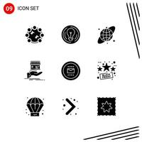 Set of 9 Vector Solid Glyphs on Grid for job hand circular online donate Editable Vector Design Elements