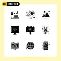 Set of 9 Commercial Solid Glyphs pack for advertising tv space smart entertainment Editable Vector Design Elements