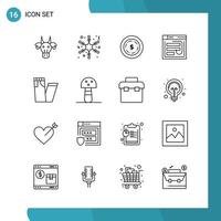 Vector Pack of 16 Outline Symbols Line Style Icon Set on White Background for Web and Mobile