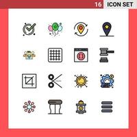 Set of 16 Vector Flat Color Filled Lines on Grid for security star arrow location pin Editable Creative Vector Design Elements