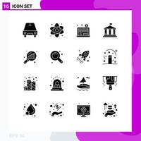 Group of 16 Modern Solid Glyphs Set for graph magnifying data analyzing economy usa flag Editable Vector Design Elements