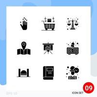 Modern Set of 9 Solid Glyphs Pictograph of powerpoint presentation balance journey location Editable Vector Design Elements