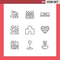 Group of 9 Outlines Signs and Symbols for building nature air conditioner mushroom food Editable Vector Design Elements