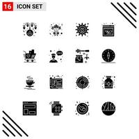 Mobile Interface Solid Glyph Set of 16 Pictograms of heart love gear trolly growth Editable Vector Design Elements