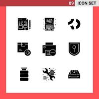 Modern Set of 9 Solid Glyphs Pictograph of product delivery offer box crypto currency Editable Vector Design Elements