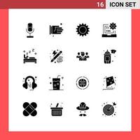 Group of 16 Modern Solid Glyphs Set for bed develop chamomile css code Editable Vector Design Elements