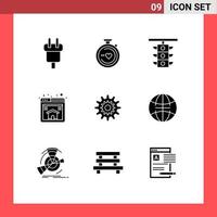 Pack of 9 Modern Solid Glyphs Signs and Symbols for Web Print Media such as settings page wedding home traffic Editable Vector Design Elements