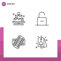 Pack of 4 Modern Filledline Flat Colors Signs and Symbols for Web Print Media such as cake medicine valentine safety drugs Editable Vector Design Elements