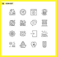 Group of 16 Modern Outlines Set for world globe note media play interface app Editable Vector Design Elements