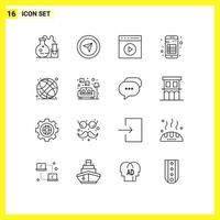 Group of 16 Modern Outlines Set for world globe note media play interface app Editable Vector Design Elements