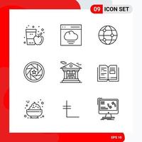 conjunto creativo de 9 iconos de contorno universal aislado sobre fondo blanco vector