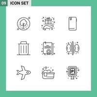 Pack of 9 Modern Outlines Signs and Symbols for Web Print Media such as recycle delete hand back mobile Editable Vector Design Elements