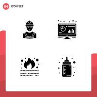 Group of 4 Solid Glyphs Signs and Symbols for worker pc engineer bar fire Editable Vector Design Elements