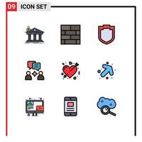 Modern Set of 9 Filledline Flat Colors Pictograph of heart arrow strategy chatting man Editable Vector Design Elements